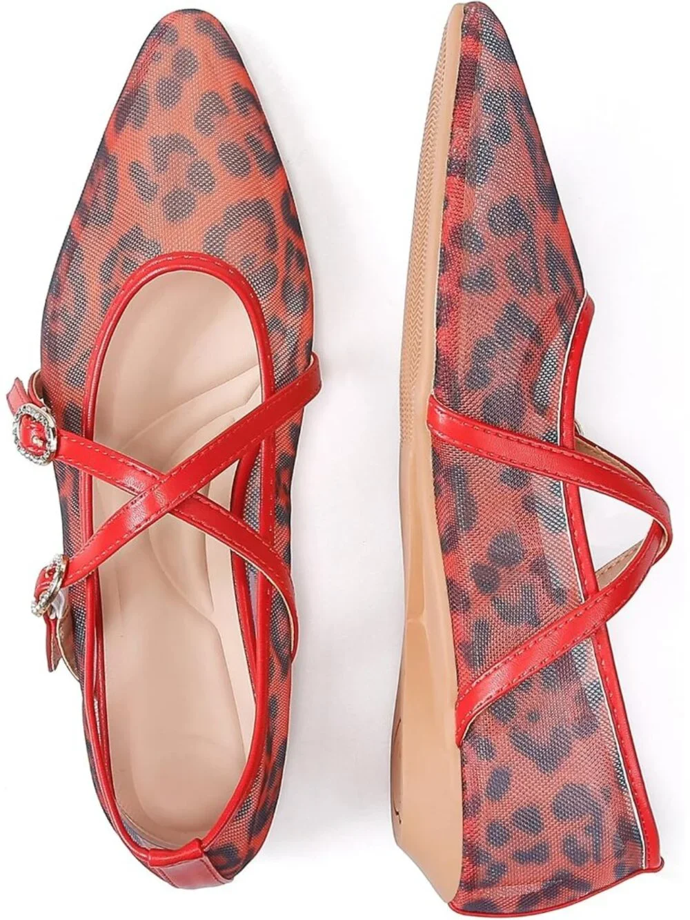 Women's Red Leopard Mesh Flats Cross Ankle Strap Flat Slip On Comfortable